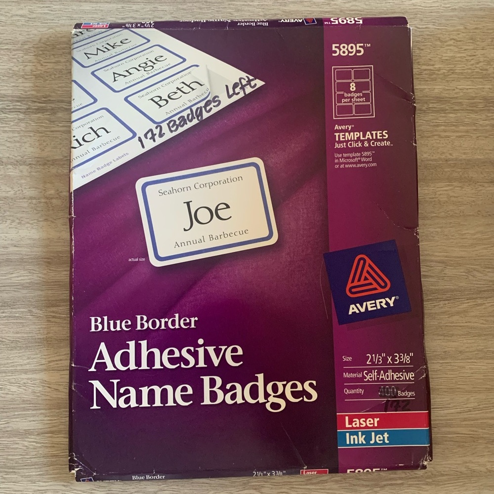 Avery Blue Border Adhesive Name Badges Laser Inkjet 172 Badges 2 1/3” X 3 3/8”